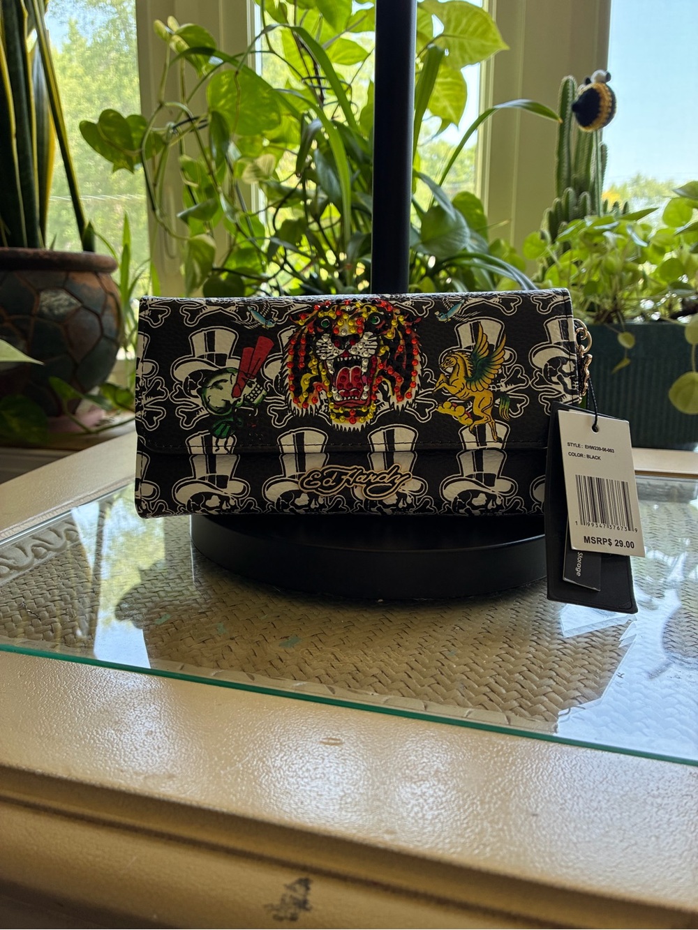 Ed Hardy Black Graphic Wallet with Colorful Tiger and Motif Accents